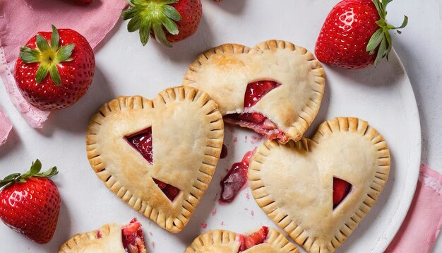 심장 모양의 딸기 손 파이 런틴 데이를 위해 집에서 만든 맛있는 음식