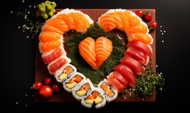 Foto piatto di sushi a forma di cuore di molti tipi di sushi con spazio di copia