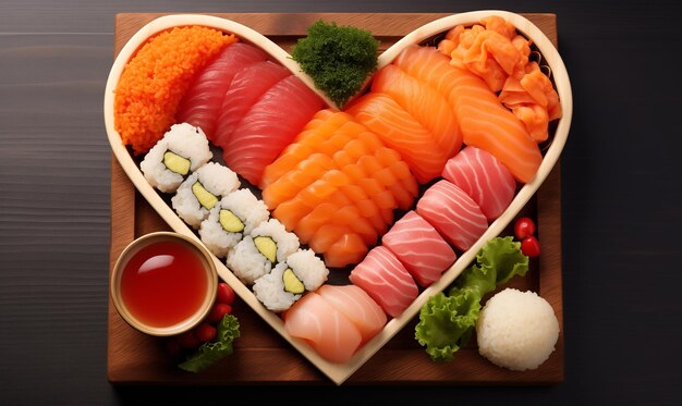 Heart shaped sushi plate of many types of sushi with copy space