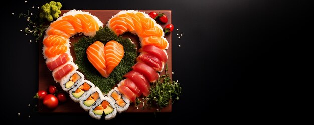 Heart shaped sushi plate of many types of sushi with copy space