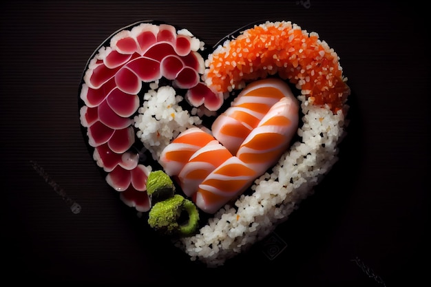 A heart shaped sushi with a variety of ingredients.