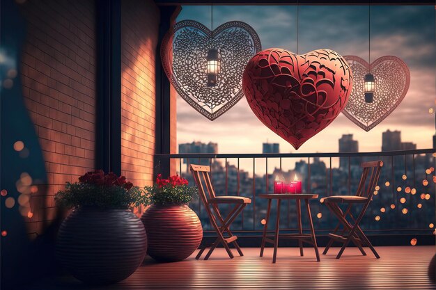 A heart shaped table with a table and two chairs in front of a cityscape.