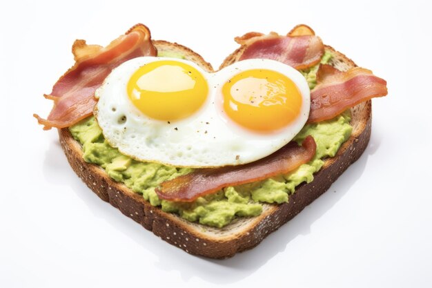 Heart shaped toast with fried egg bacon and avocado isolated on white background