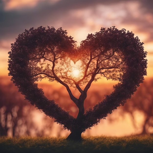 사진 발렌타인 데이 배경 으로 해가 지는 것 과 함께 심장 모양 의 나무 가지