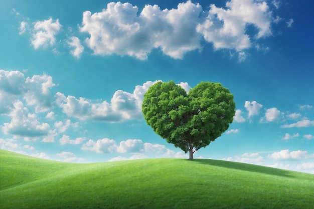 Heart shaped tree on green field with cloudy bright blue sky