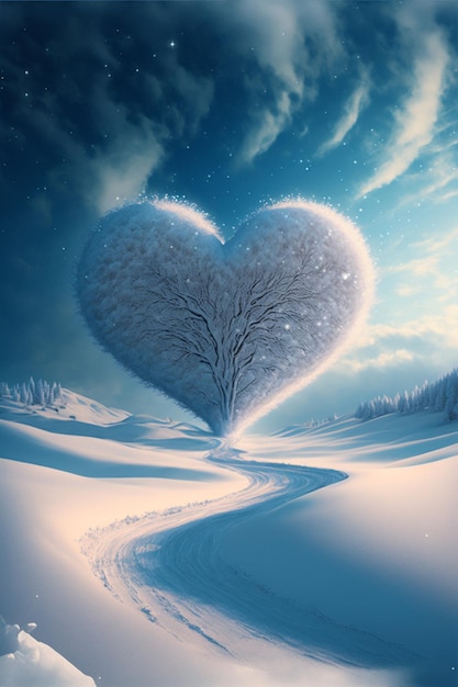 Heart shaped tree in the middle of a snowy field generative ai