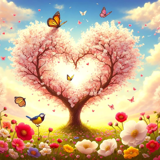 A heart shaped tree with butterflies in the middle of it