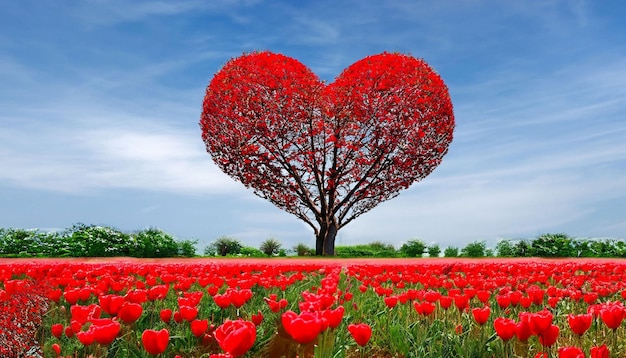 A heart shaped tree with red leaves in the shape of a heart