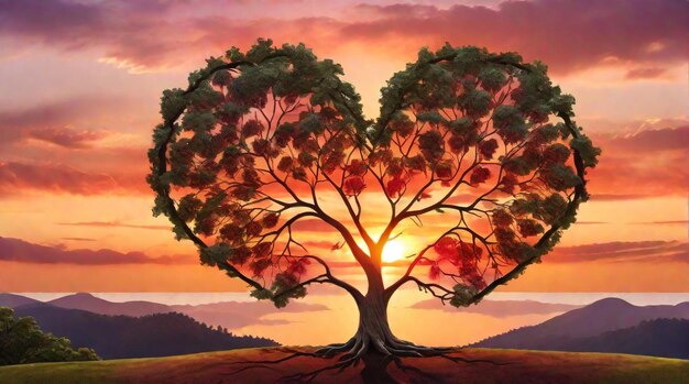 Foto un albero a forma di cuore con un concetto di sfondo dell'alba di happy valentine's day