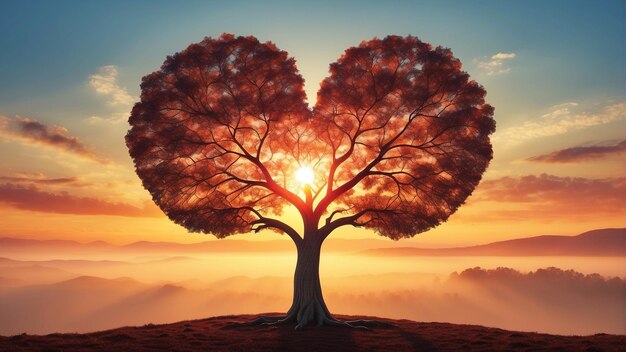 Foto un albero a forma di cuore con un concetto di sfondo dell'alba di happy valentine's day