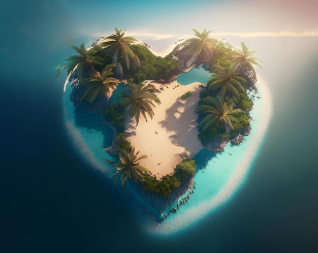 Foto isola tropicale a forma di cuore nel mare generata dall'intelligenza artificiale