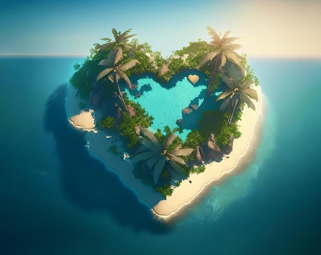 Heart shaped tropic island in the sea AI generated