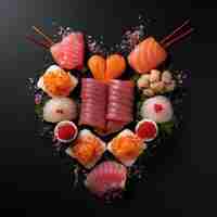 Photo heart shaped valentine day sushi set classic sushi rolls filadelfia maki set for two with two pairs
