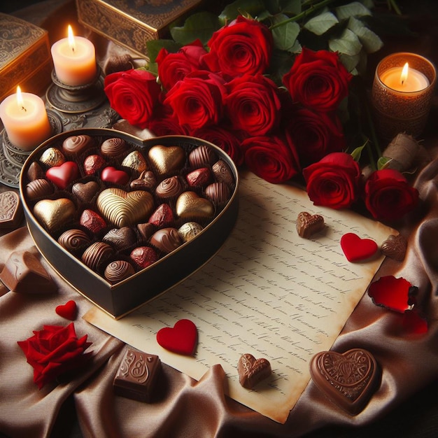 Foto cioccolati a forma di cuore e valentine su sfondo di legno con amore