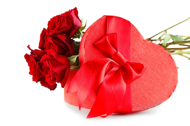 Heart shaped Valentines Day gift box with red roses, isolated on white