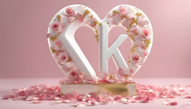 Photo a heart shaped vase with flowers and a letter k in it