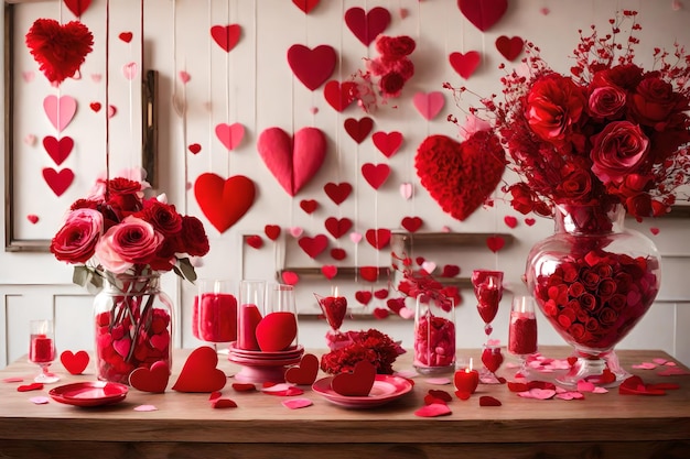 Photo a heart shaped vase with red roses on a table and a wall with hearts and hearts