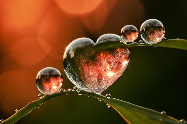 A heart shaped water droplet is surrounded by a green leaf