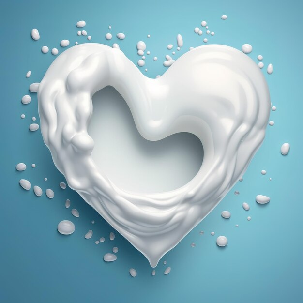 A heart shaped white liquid is on a blue background with a lot of drops of water milk