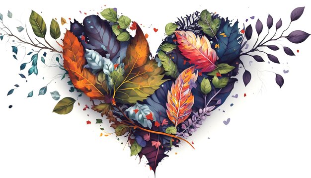 Heart shaped with leaves and colored flowers on a white background AI technology generated image