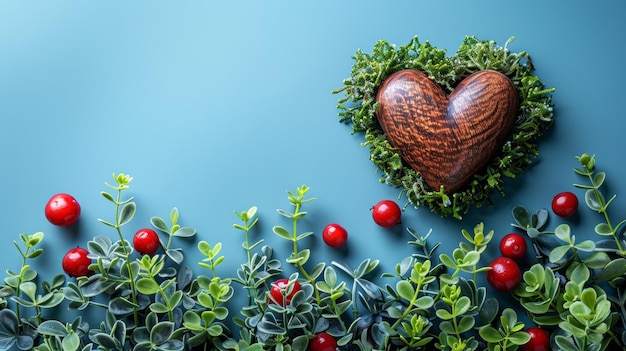 Photo heart shaped wooden object on blue wall with surrounding plants generative ai