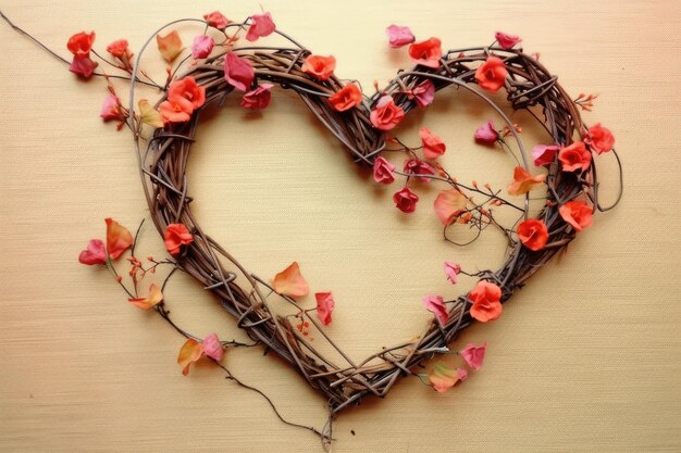 a heart shaped wreath made of twigs and flowers