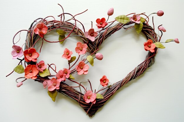 a heart shaped wreath with flowers