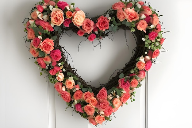 A heart shaped wreath with pink roses