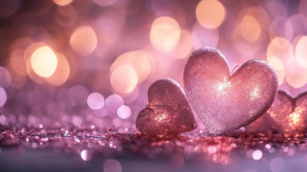 Heart Shapes in a Blush Pink Glow Surrounded by Ethereal Bokeh and Glitter