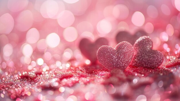 heart shapes on a subtle pink gradient surrounded by ethereal bokeh and glitter