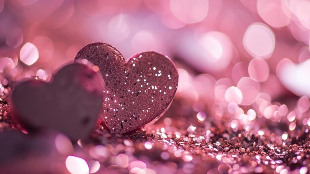 Heart Shapes on a Subtle Pink Gradient Surrounded by Ethereal Bokeh and Glitter