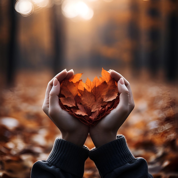 Heart sign with maple leaves in hands Generative AI