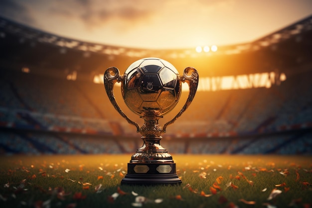 In the heart of the soccer stadium the golden winners cup stands tall