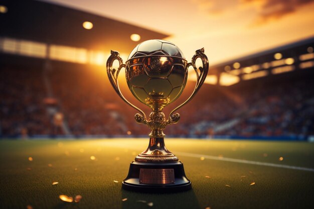 In the heart of the soccer stadium the golden winners cup stands tall