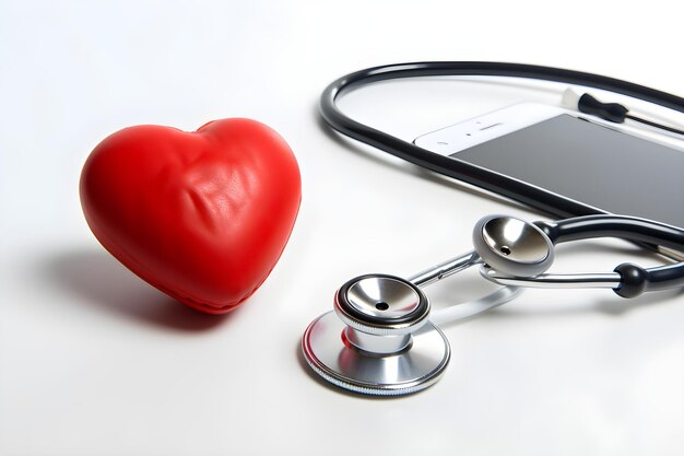 A heart and a stethoscope are on a white background