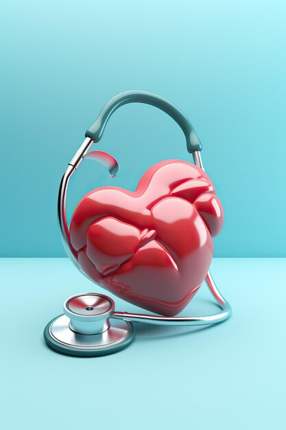a heart and a stethoscope on a blue background in the style of light red and light gray