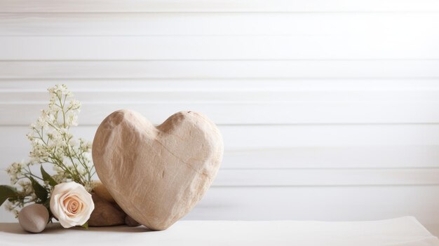 Heart of stone Minimalist beauty with a stone heart on a white wooden backdrop Rustic charm meets romantic vibes creating a timeless and artistic image