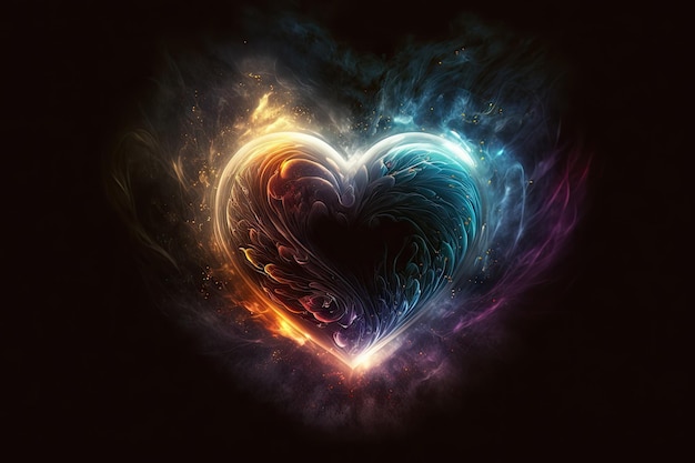 Heart surrounded by aura of light and love against black background