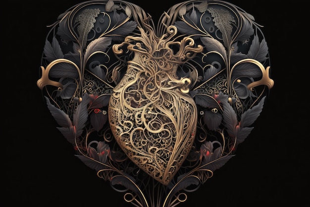 Heart surrounded by intricate and delicate patterns on black background