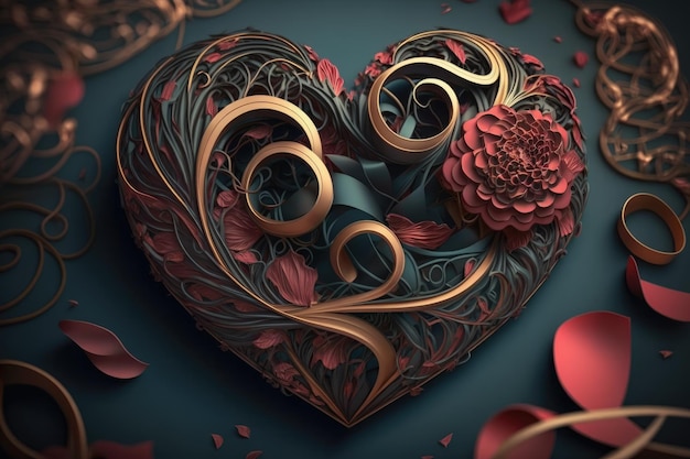 Фото Сердце, окруженное лентами и лепестками, символизирующими любовь