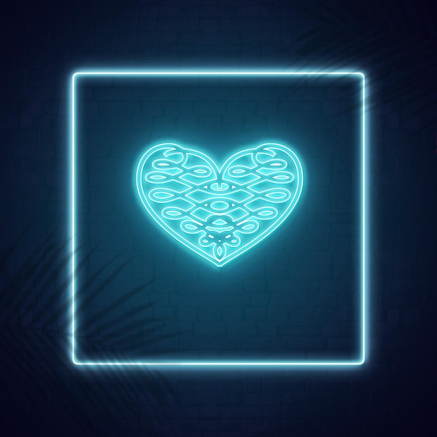 heart symbol neon sign light effect square border cyan glow and leave shadow effects