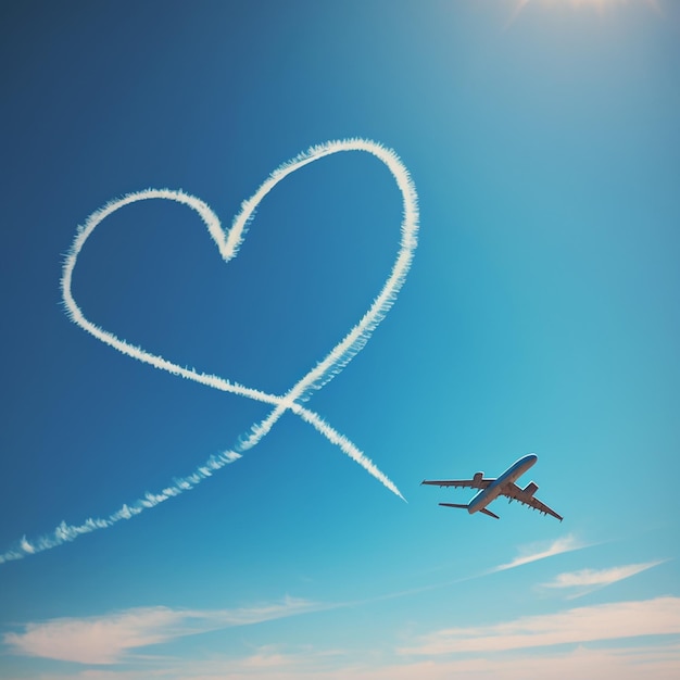 Segno di simbolo del cuore disegnato dal sentiero dell'aeroplano bianco sul cielo blu primo piano sfondo astratto amore