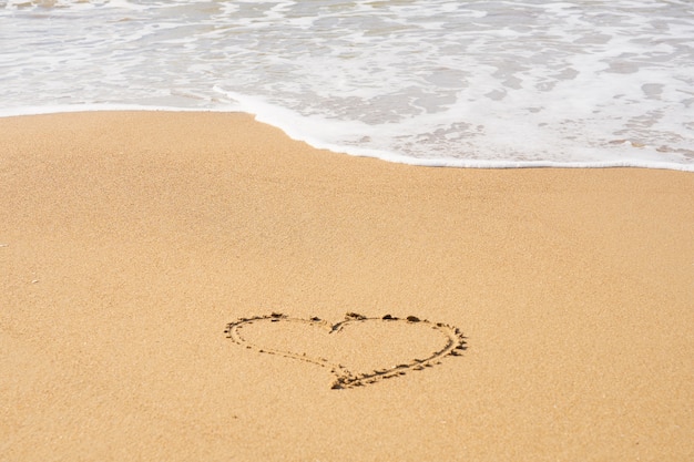 A heart symbol written on a sandy beach with foam