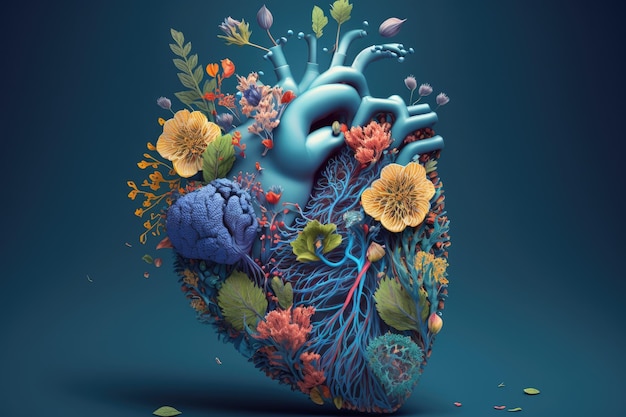 Heart symbolizing life in form of flowers on blue background