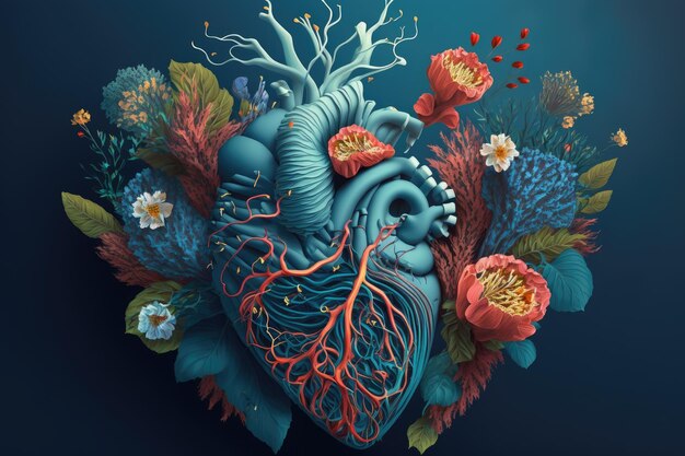 Heart symbolizing life in form of flowers on blue background