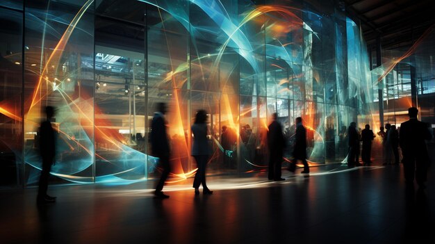 Photo in the heart of technological symphony a blur of human motion paints a canvas of innovation at the