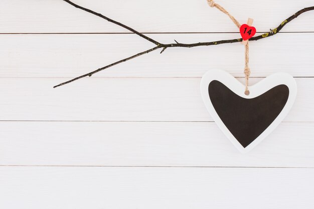 Heart on white wooden background. Copy space, Valentines day background