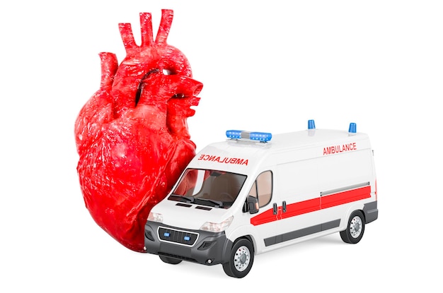 Heart with ambulance van 3D rendering