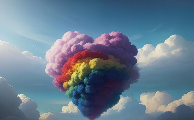 Сердце с воздушными шарами и радугой