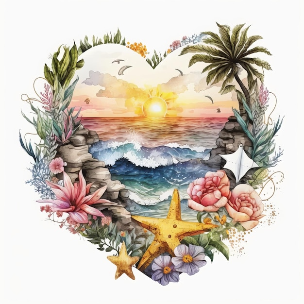 A heart with a beach scene and a seagull and a starfish.